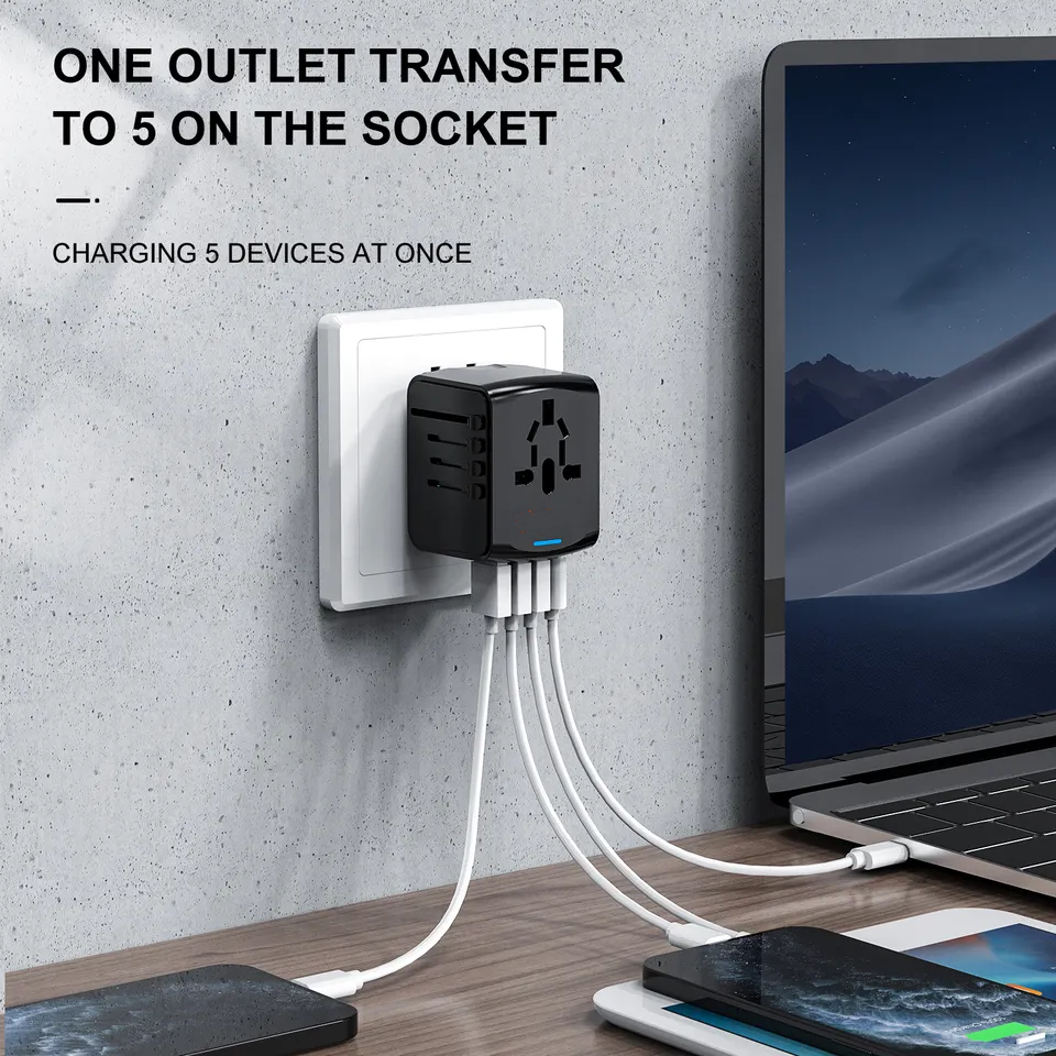 Travel Adapter,Universal Travel Adapter - 3 USB + 1 Type C in One Travel Charger with UK/US/AUS/EU Plugs and Socket, International Power Adapter Wall Charger (Type-c Black)