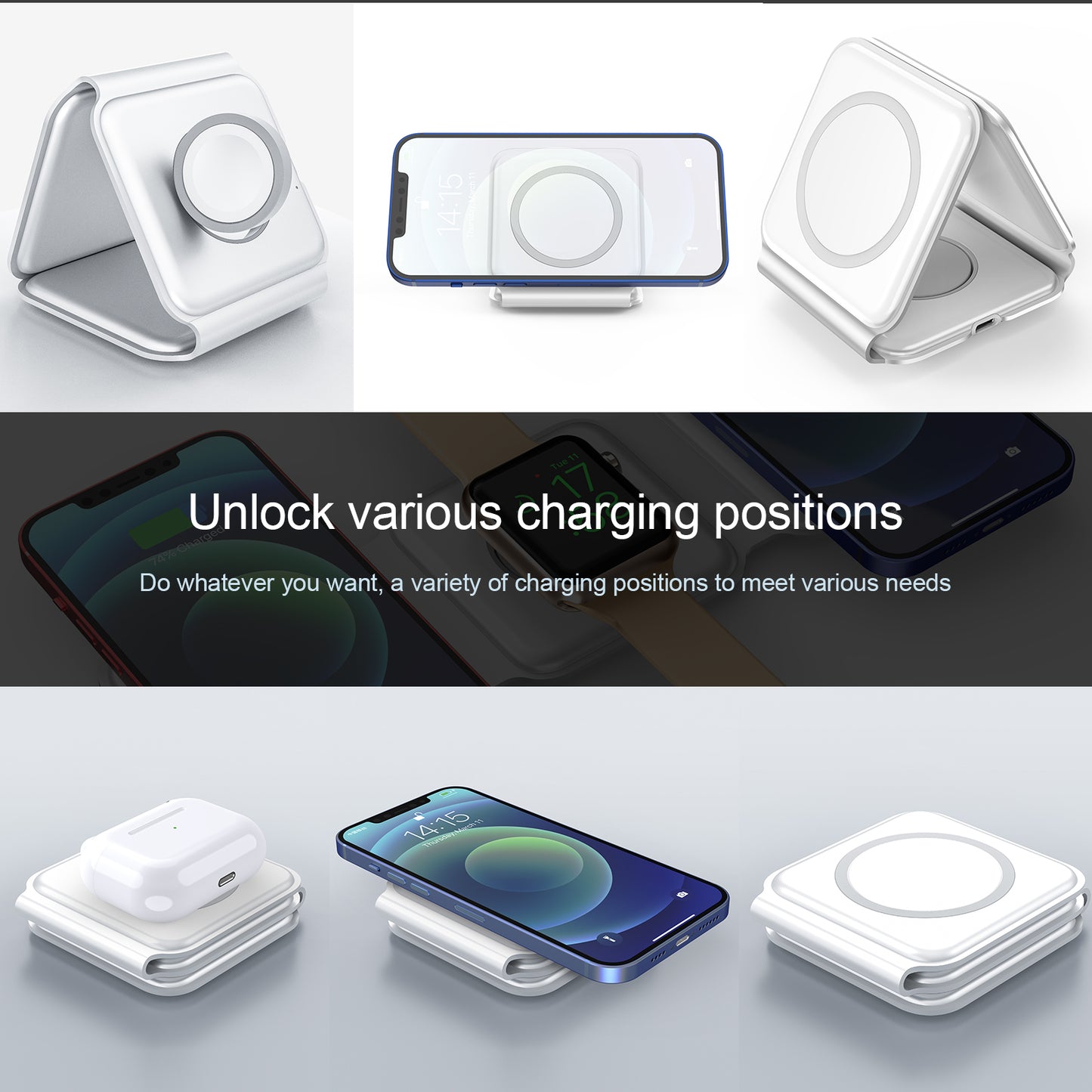 3 in 1 Wireless Charging Station, Foldable Wireless Charger Magnetic Fast Wireless Charging Pad