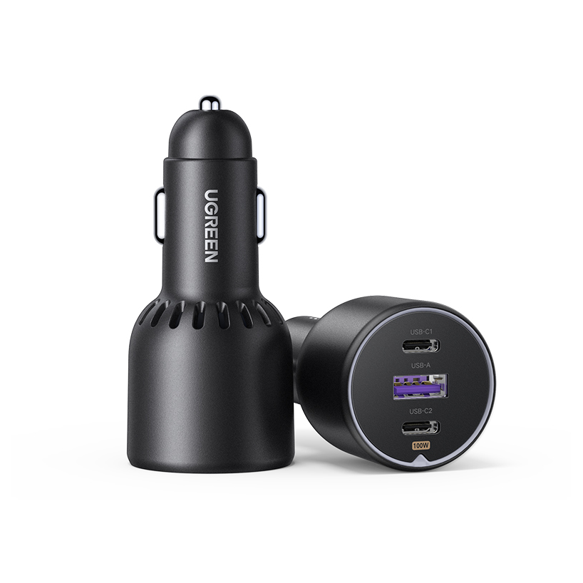 شاحن سيارة فائق السرعة 130 وات من يوجرين، محول طاقة للسيارة 3 منافذ USB مع كابل USB C 100 وات، قابس شاحن سريع للسيارة لسلسلة Samsung S24، وSteam Deck، وMacbook، وأجهزة الكمبيوتر المحمولة، والأجهزة اللوحية، وiPhone، وHuawei
