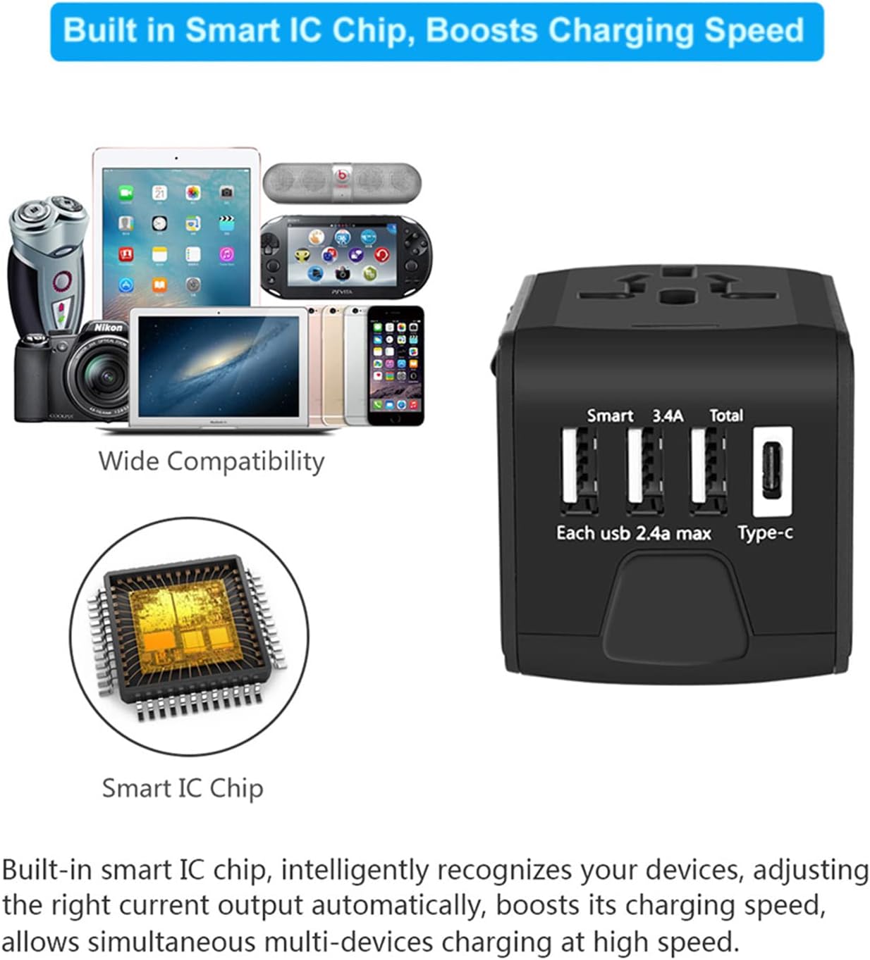 Travel Adapter,Universal Travel Adapter - 3 USB + 1 Type C in One Travel Charger with UK/US/AUS/EU Plugs and Socket, International Power Adapter Wall Charger (Type-c Black)