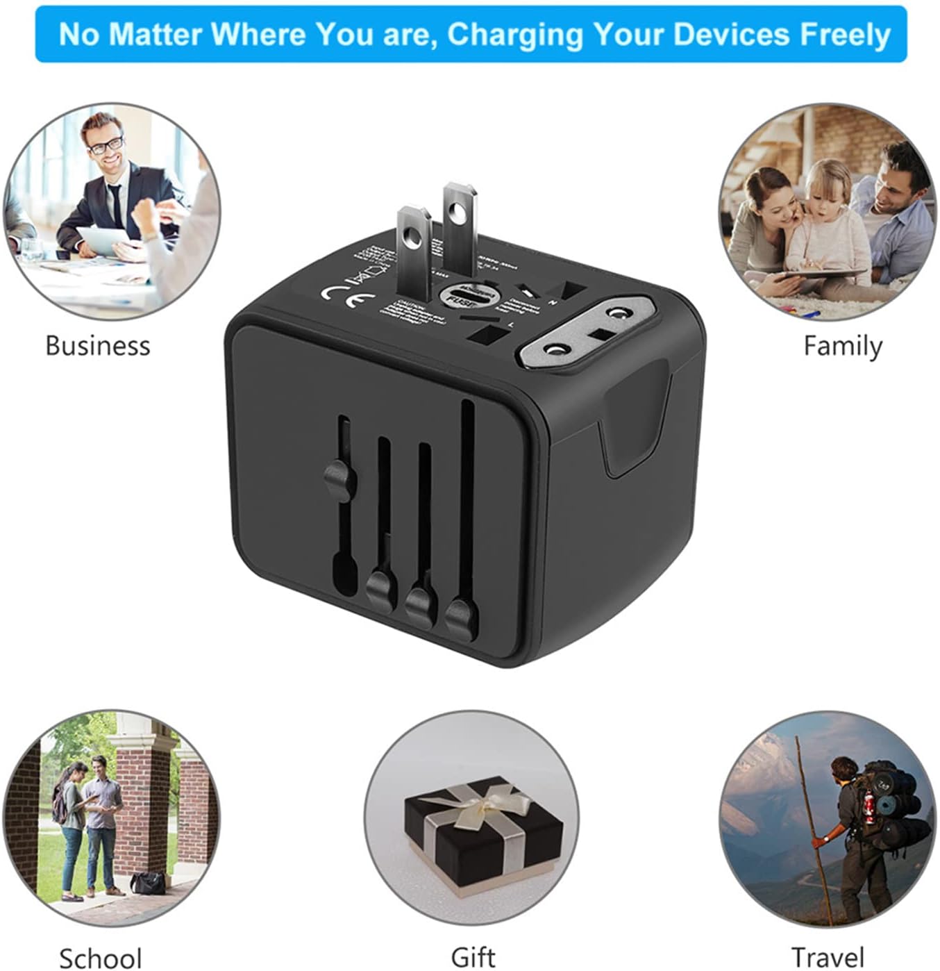 Travel Adapter,Universal Travel Adapter - 3 USB + 1 Type C in One Travel Charger with UK/US/AUS/EU Plugs and Socket, International Power Adapter Wall Charger (Type-c Black)