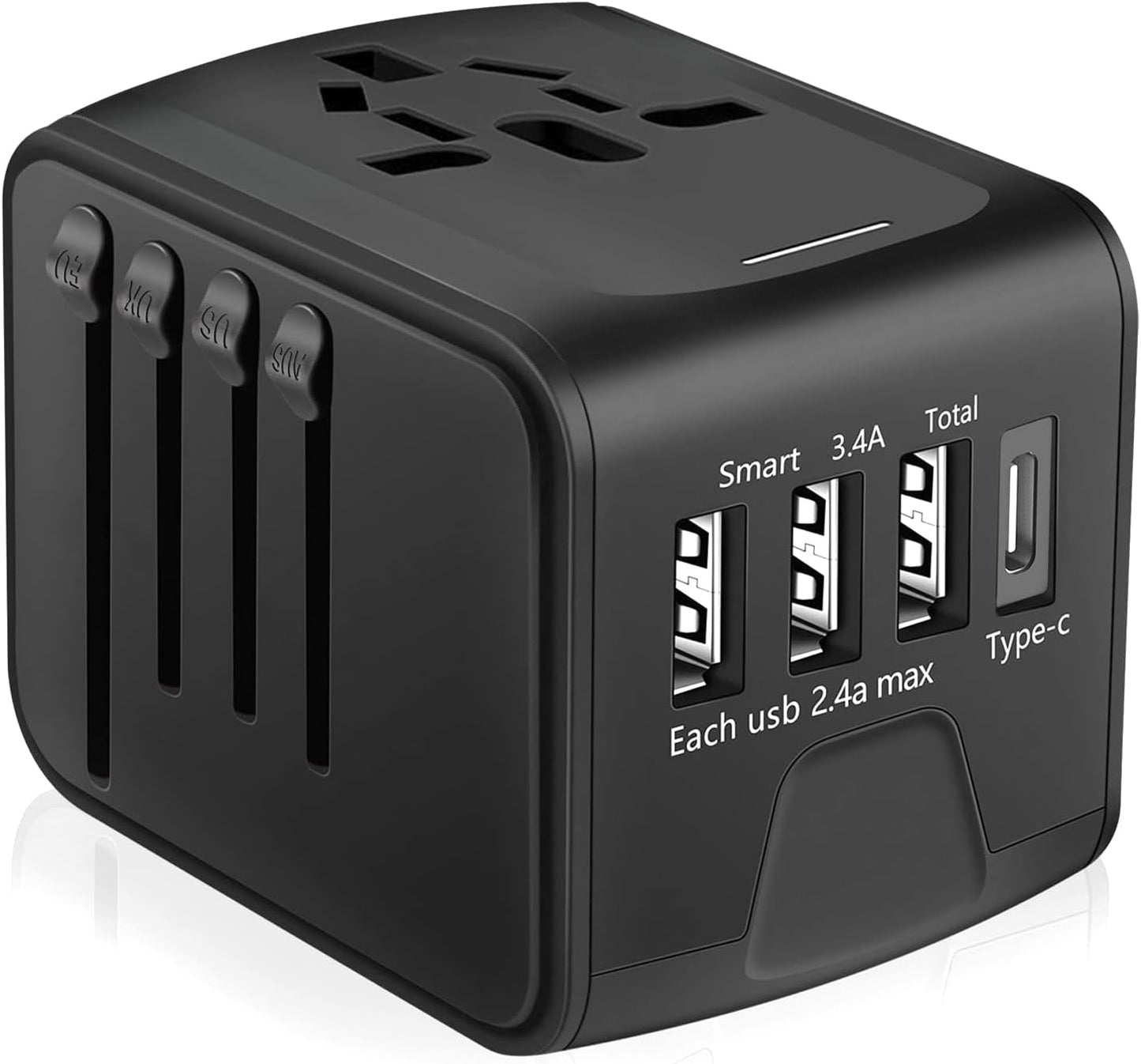 Travel Adapter,Universal Travel Adapter - 3 USB + 1 Type C in One Travel Charger with UK/US/AUS/EU Plugs and Socket, International Power Adapter Wall Charger (Type-c Black)