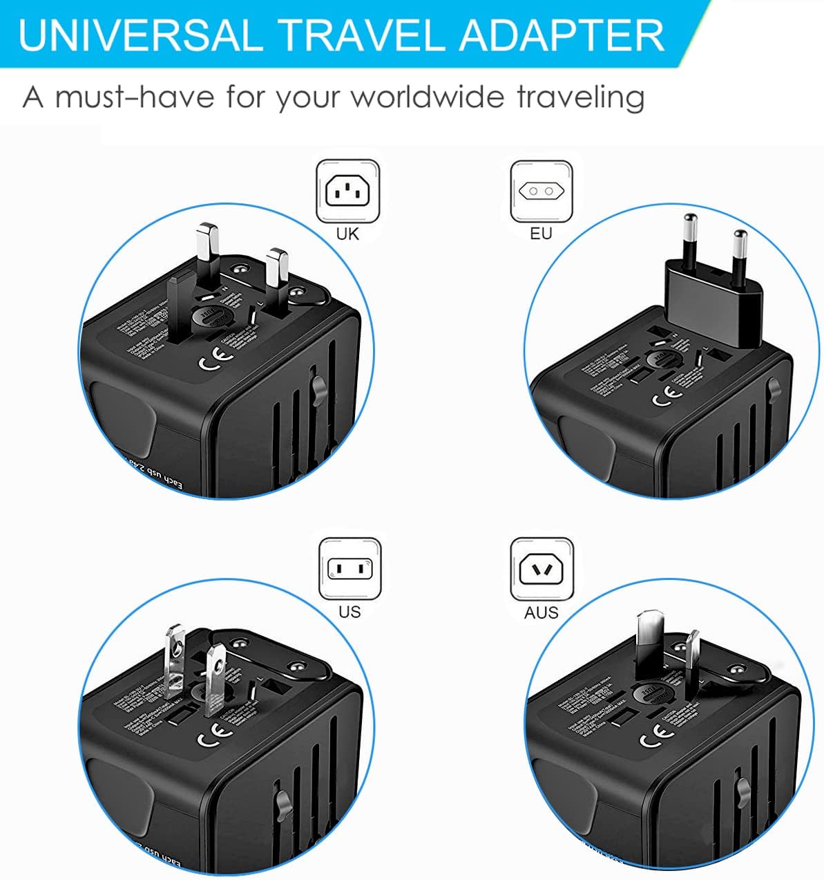 Travel Adapter,Universal Travel Adapter - 3 USB + 1 Type C in One Travel Charger with UK/US/AUS/EU Plugs and Socket, International Power Adapter Wall Charger (Type-c Black)