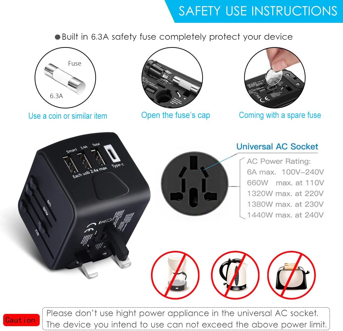 Travel Adapter,Universal Travel Adapter - 3 USB + 1 Type C in One Travel Charger with UK/US/AUS/EU Plugs and Socket, International Power Adapter Wall Charger (Type-c Black)