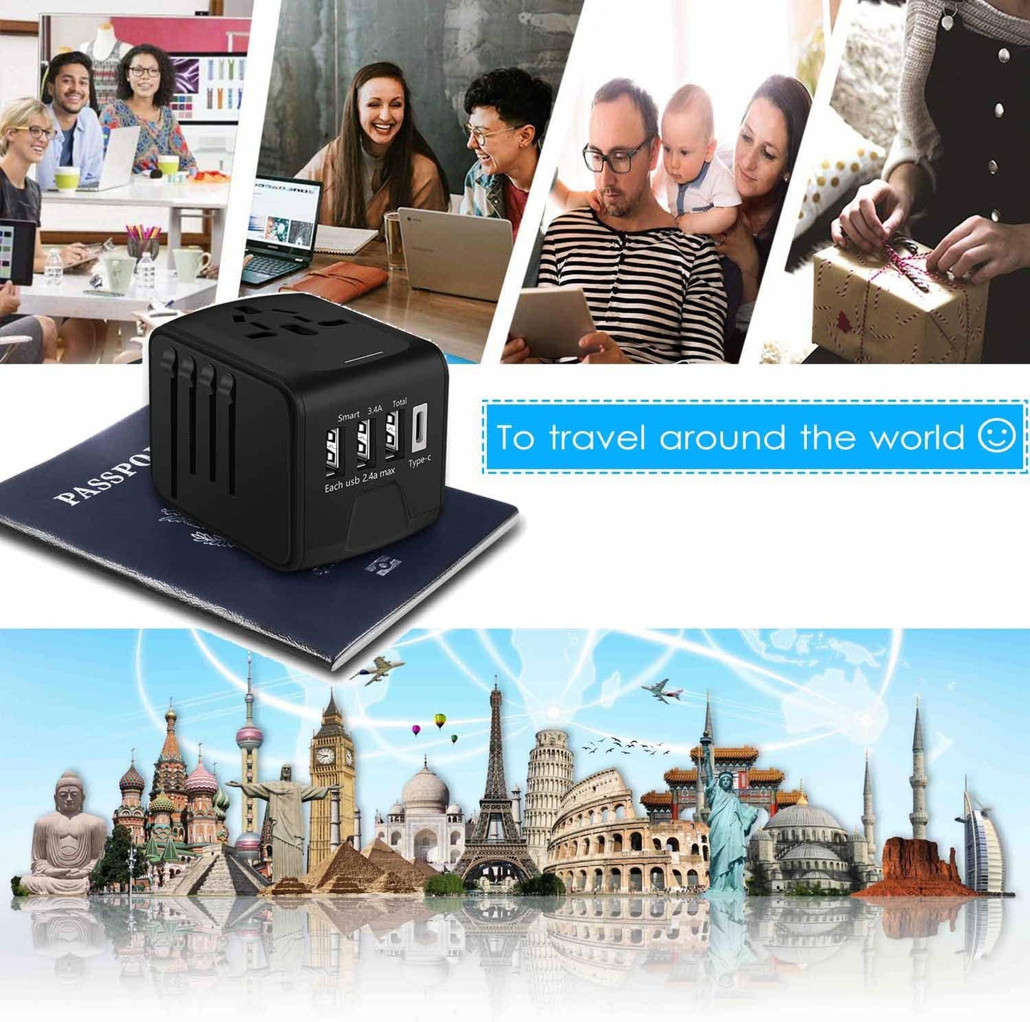 Travel Adapter,Universal Travel Adapter - 3 USB + 1 Type C in One Travel Charger with UK/US/AUS/EU Plugs and Socket, International Power Adapter Wall Charger (Type-c Black)