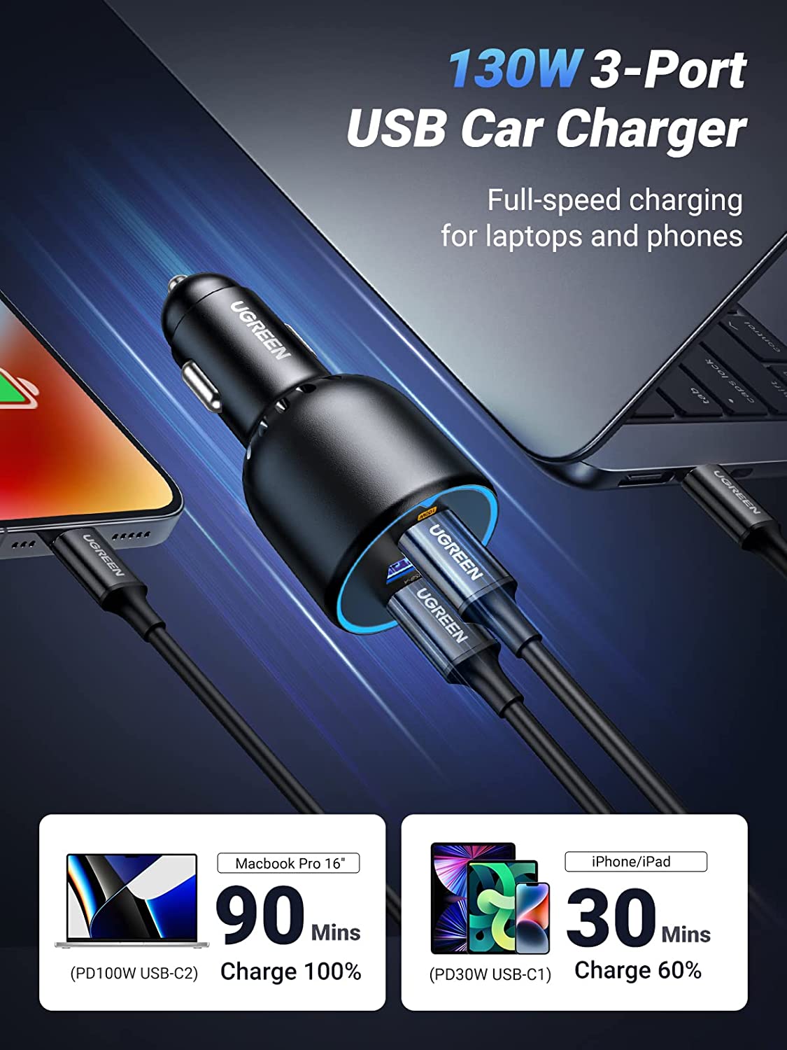 شاحن سيارة فائق السرعة 130 وات من يوجرين، محول طاقة للسيارة 3 منافذ USB مع كابل USB C 100 وات، قابس شاحن سريع للسيارة لسلسلة Samsung S24، وSteam Deck، وMacbook، وأجهزة الكمبيوتر المحمولة، والأجهزة اللوحية، وiPhone، وHuawei