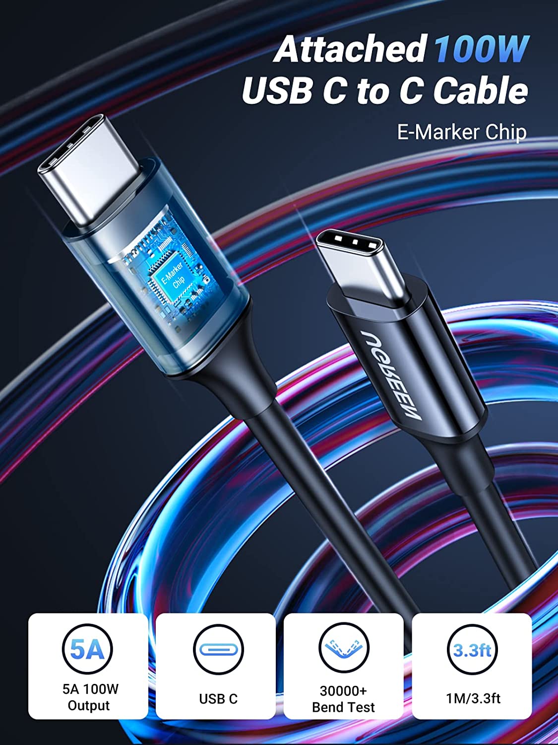 شاحن سيارة فائق السرعة 130 وات من يوجرين، محول طاقة للسيارة 3 منافذ USB مع كابل USB C 100 وات، قابس شاحن سريع للسيارة لسلسلة Samsung S24، وSteam Deck، وMacbook، وأجهزة الكمبيوتر المحمولة، والأجهزة اللوحية، وiPhone، وHuawei