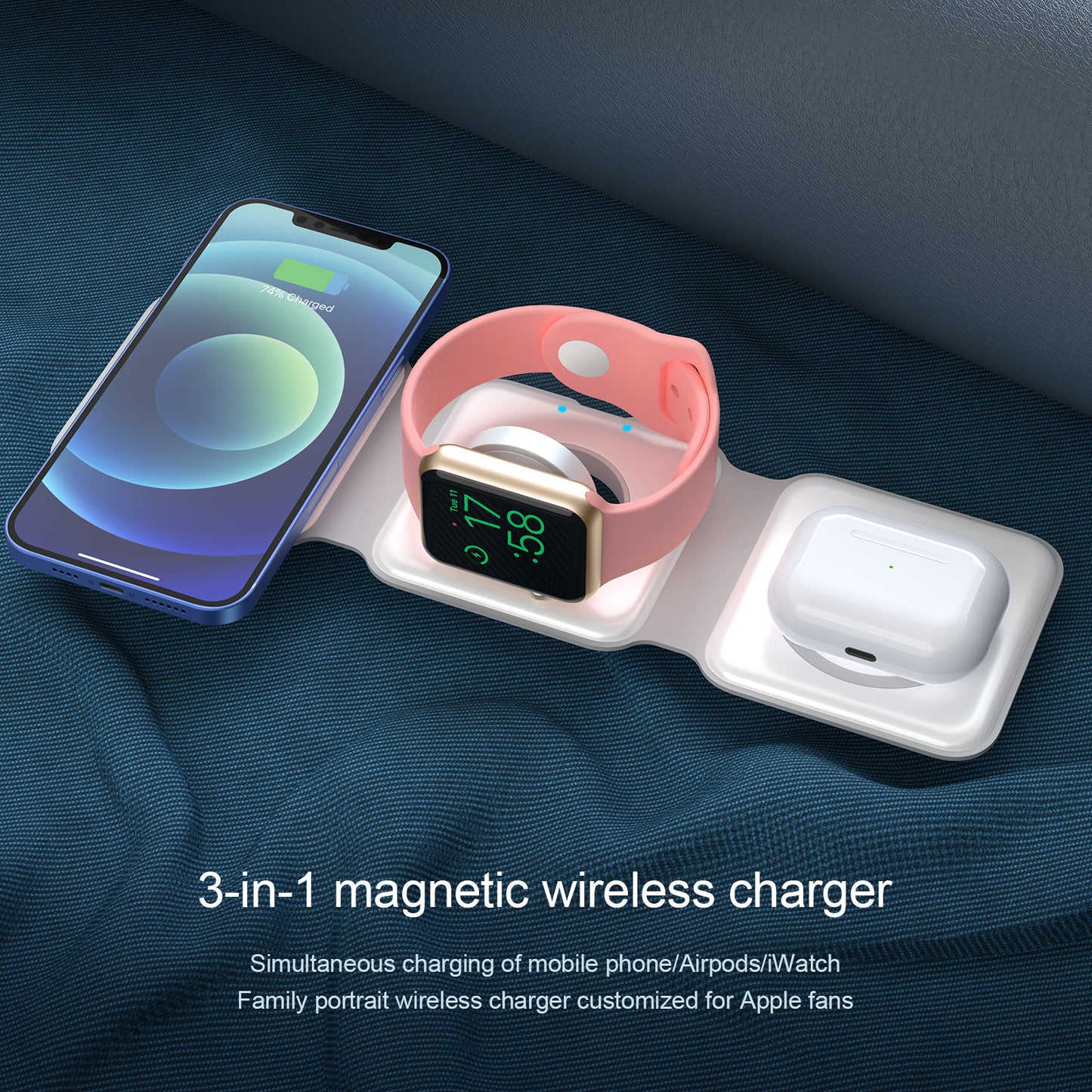 3 in 1 Wireless Charging Station, Foldable Wireless Charger Magnetic Fast Wireless Charging Pad