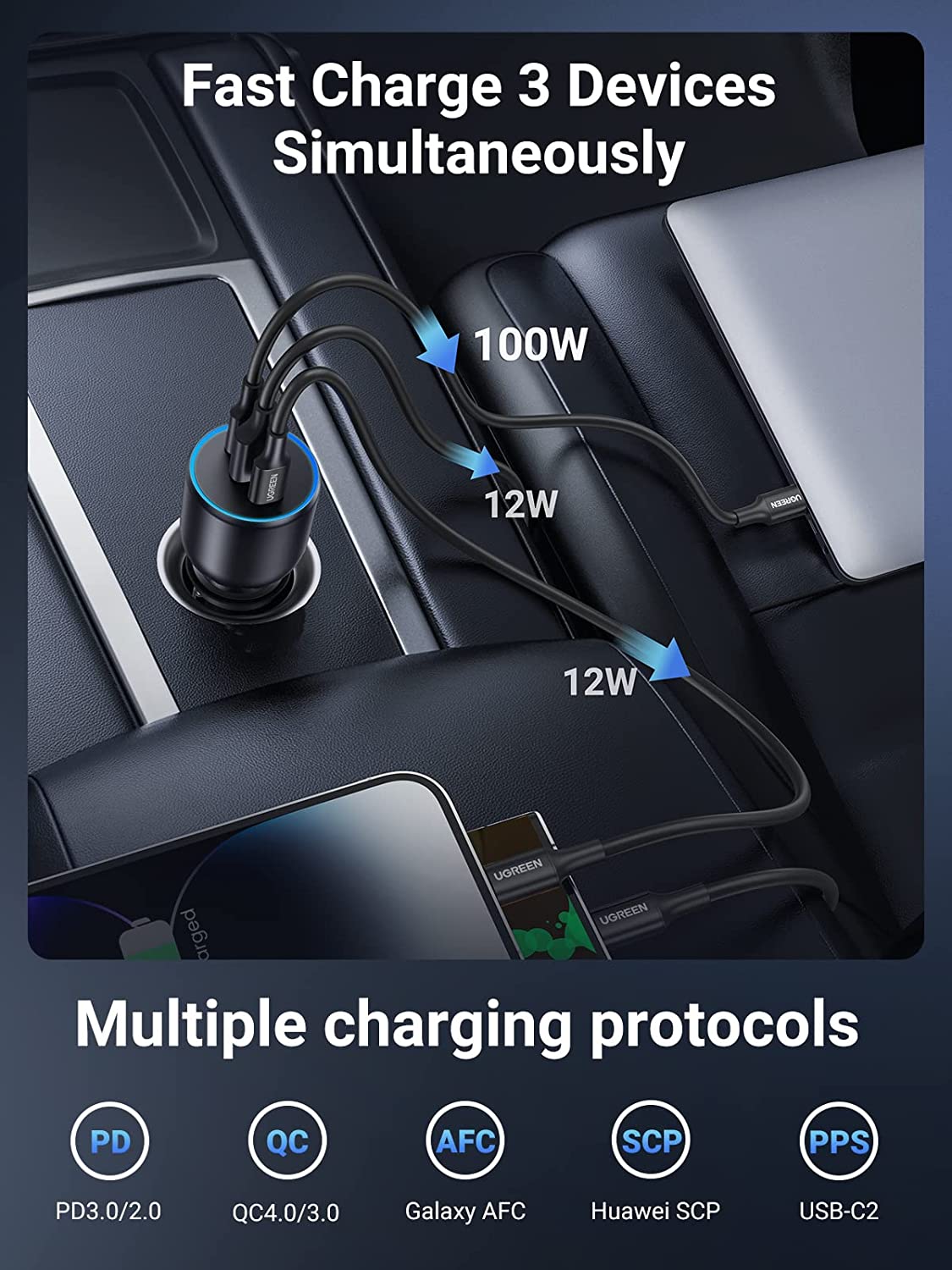 شاحن سيارة فائق السرعة 130 وات من يوجرين، محول طاقة للسيارة 3 منافذ USB مع كابل USB C 100 وات، قابس شاحن سريع للسيارة لسلسلة Samsung S24، وSteam Deck، وMacbook، وأجهزة الكمبيوتر المحمولة، والأجهزة اللوحية، وiPhone، وHuawei