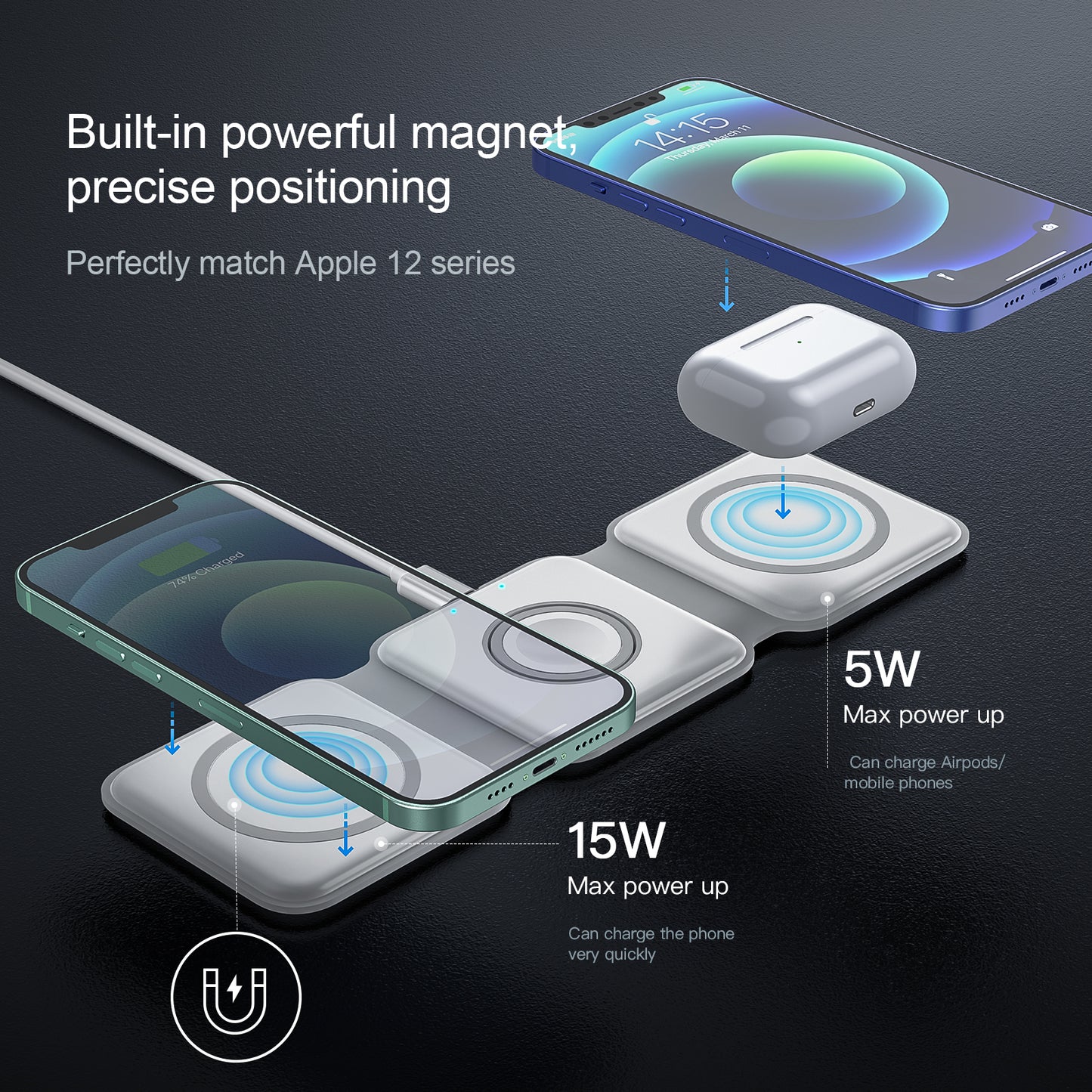 3 in 1 Wireless Charging Station, Foldable Wireless Charger Magnetic Fast Wireless Charging Pad
