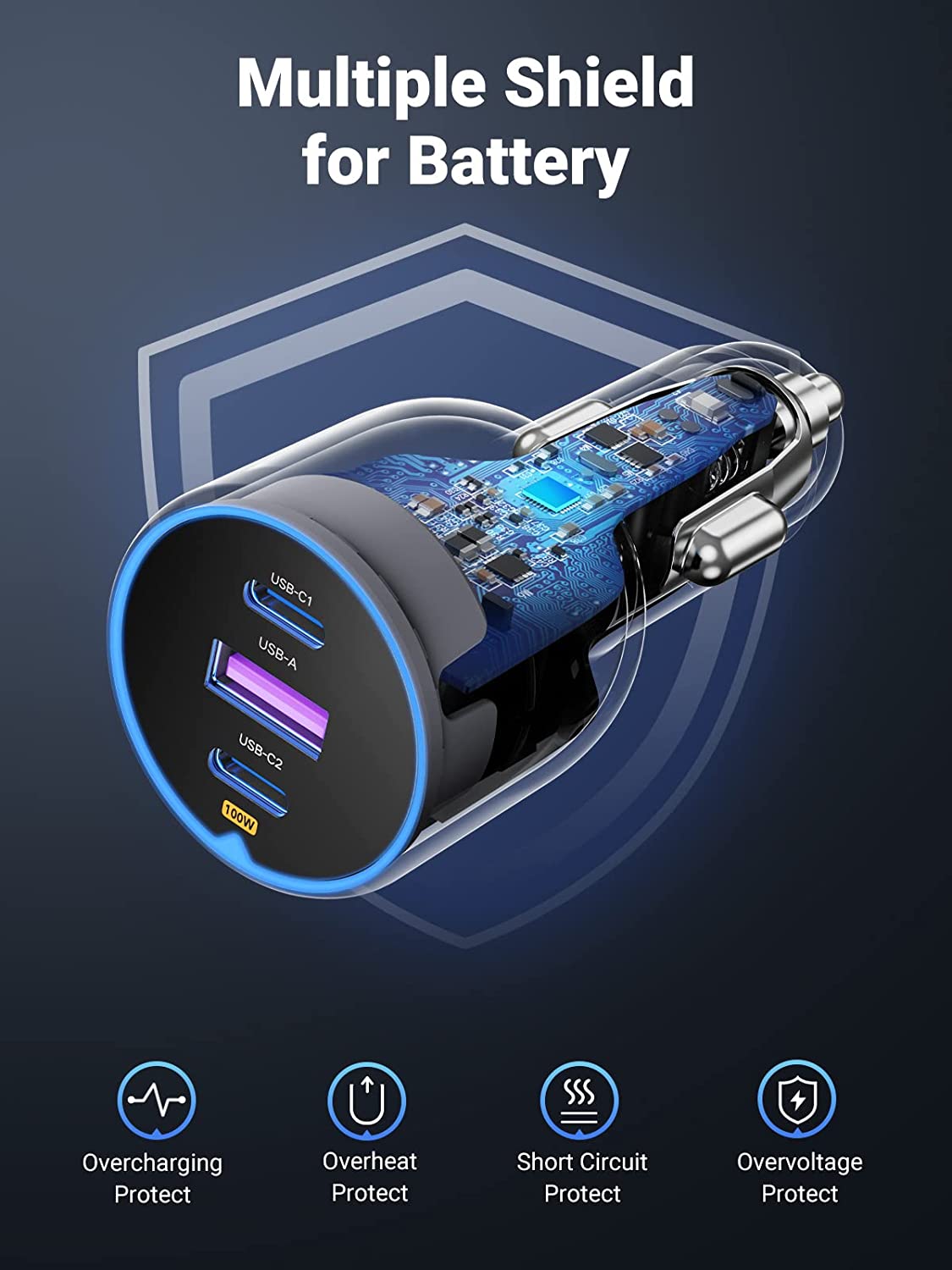 شاحن سيارة فائق السرعة 130 وات من يوجرين، محول طاقة للسيارة 3 منافذ USB مع كابل USB C 100 وات، قابس شاحن سريع للسيارة لسلسلة Samsung S24، وSteam Deck، وMacbook، وأجهزة الكمبيوتر المحمولة، والأجهزة اللوحية، وiPhone، وHuawei