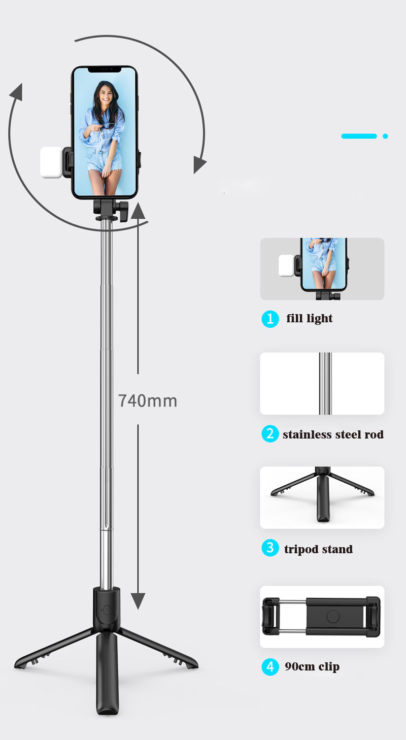 Selfie Stick With Light, 90cm Phone Stick, Phone stick for Tiktok Vlog Youtuber Live Video Record, Removeable Clip can be used as Phone Stand