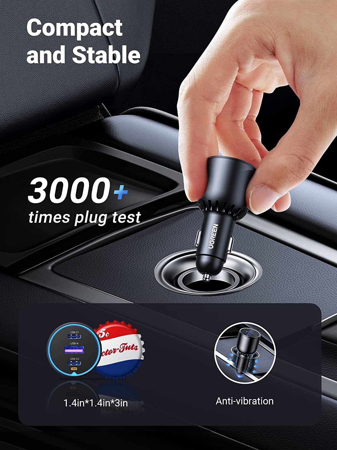 شاحن سيارة فائق السرعة 130 وات من يوجرين، محول طاقة للسيارة 3 منافذ USB مع كابل USB C 100 وات، قابس شاحن سريع للسيارة لسلسلة Samsung S24، وSteam Deck، وMacbook، وأجهزة الكمبيوتر المحمولة، والأجهزة اللوحية، وiPhone، وHuawei