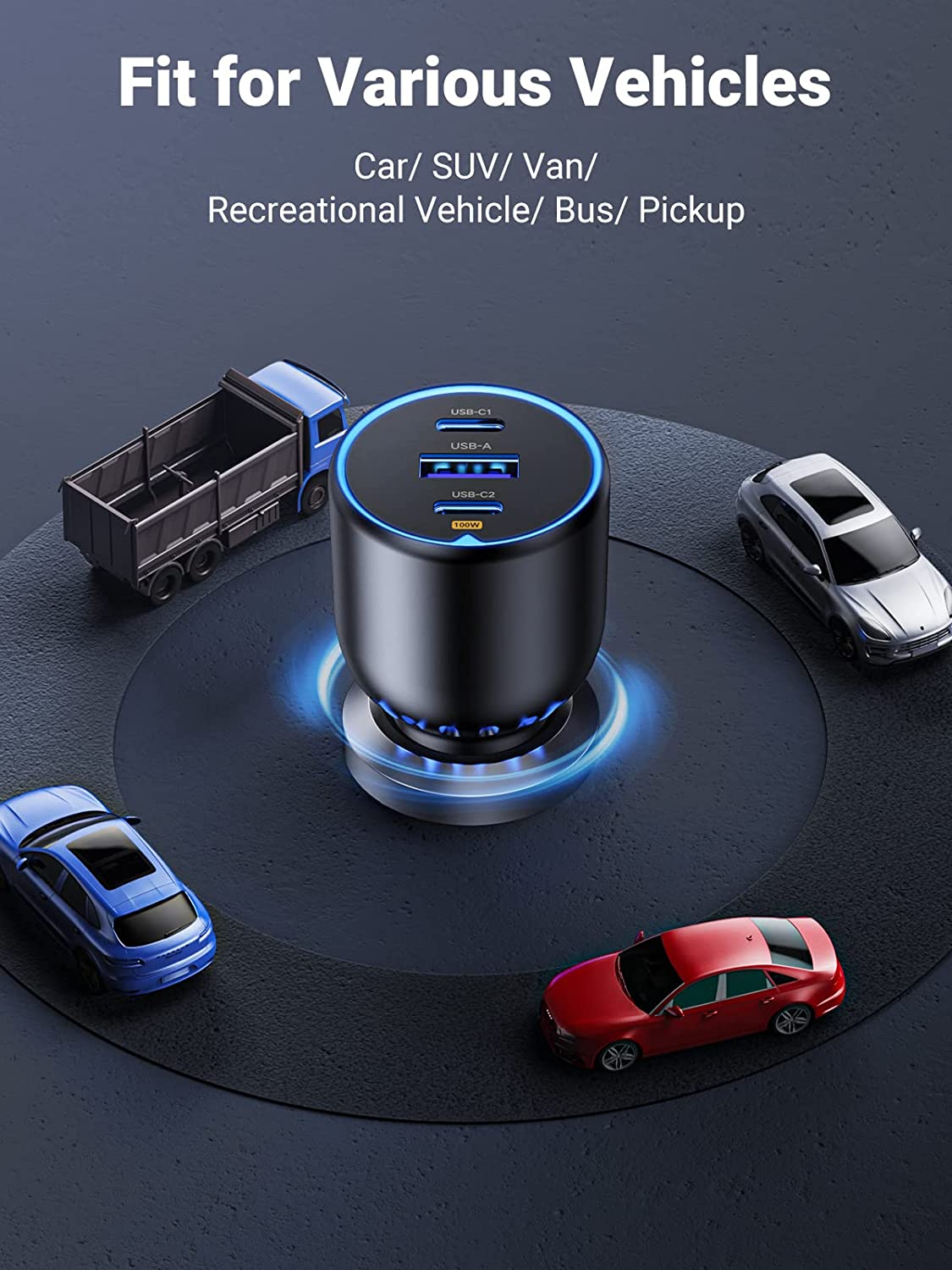 شاحن سيارة فائق السرعة 130 وات من يوجرين، محول طاقة للسيارة 3 منافذ USB مع كابل USB C 100 وات، قابس شاحن سريع للسيارة لسلسلة Samsung S24، وSteam Deck، وMacbook، وأجهزة الكمبيوتر المحمولة، والأجهزة اللوحية، وiPhone، وHuawei