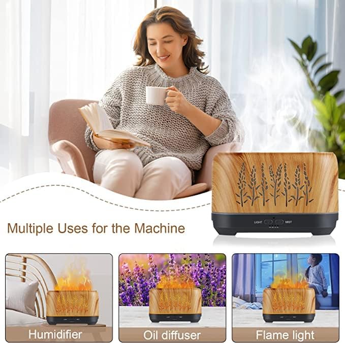 Ultrasonic Flame Diffuser, 24V Remote Control Essential Oil Diffuser, 3 Mode Aromatherapy Mist Sprayer Air Freshener for Home & Office Humidifier (Wood)