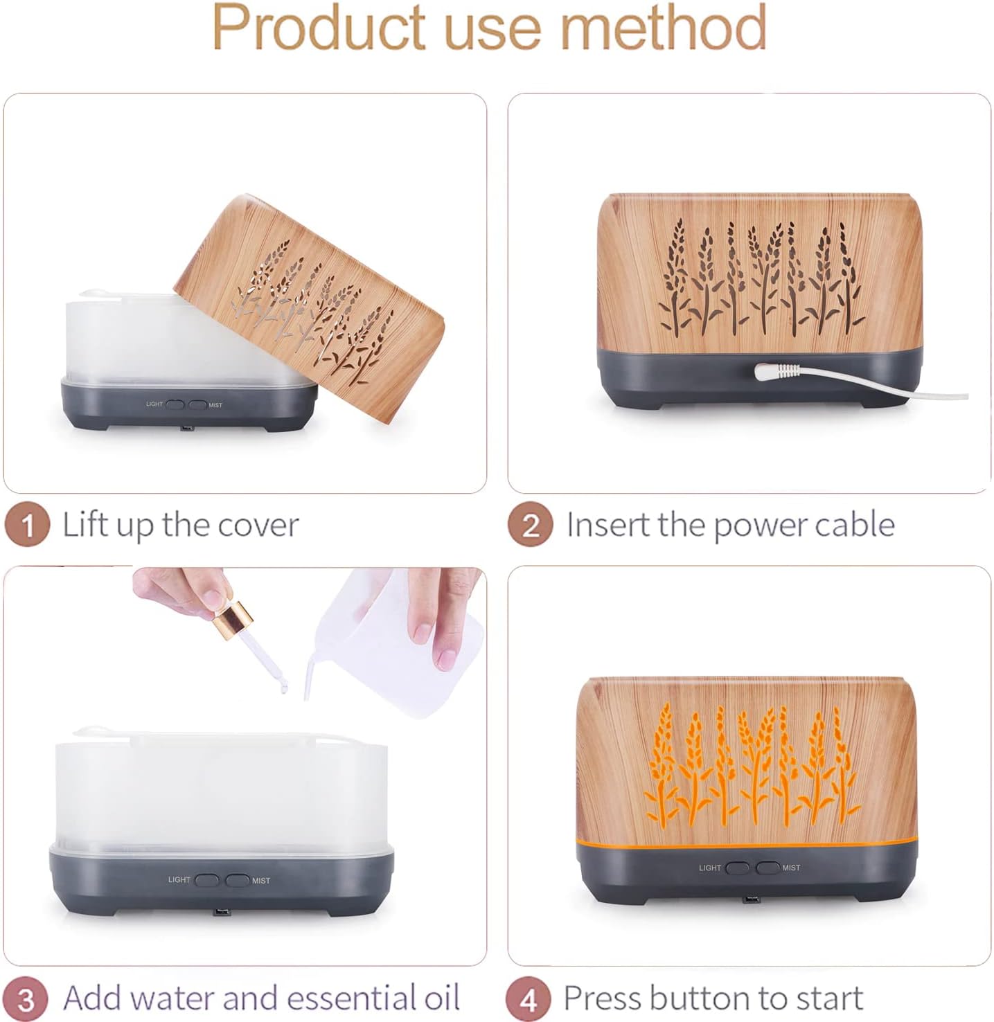 Ultrasonic Flame Diffuser, 24V Remote Control Essential Oil Diffuser, 3 Mode Aromatherapy Mist Sprayer Air Freshener for Home & Office Humidifier (Wood)