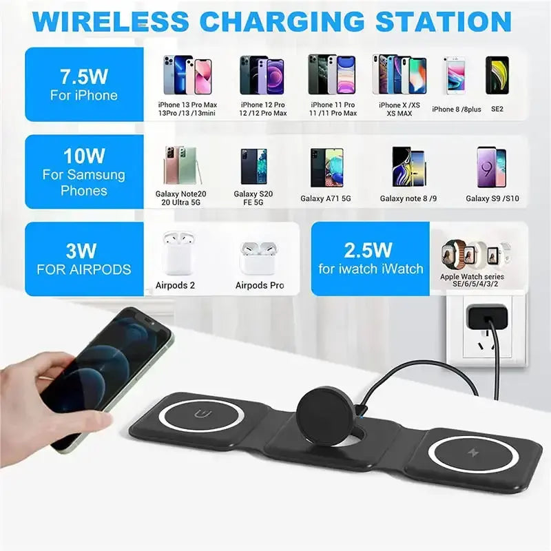 3 in 1 Wireless Charging Station, Foldable Wireless Charger Magnetic Fast Wireless Charging Pad