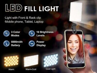 LED Selfie Light with Front & Back Phone Clip, High Power 80LED 2000mAh Rechargeable CRI 95+, 3 Light Modes