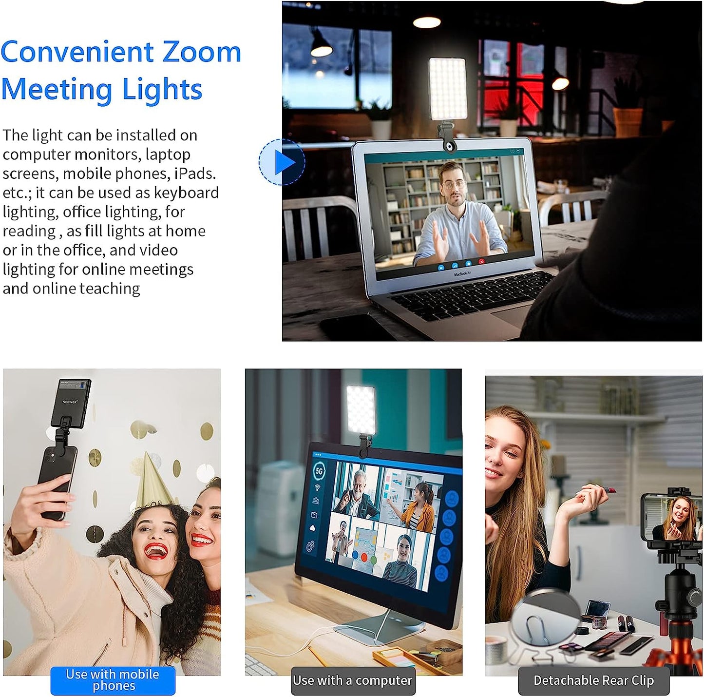 LED Selfie Light with Front & Back Phone Clip, High Power 80LED 2000mAh Rechargeable CRI 95+, 3 Light Modes
