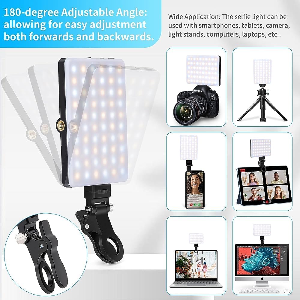 LED Selfie Light with Front & Back Phone Clip, High Power 80LED 2000mAh Rechargeable CRI 95+, 3 Light Modes