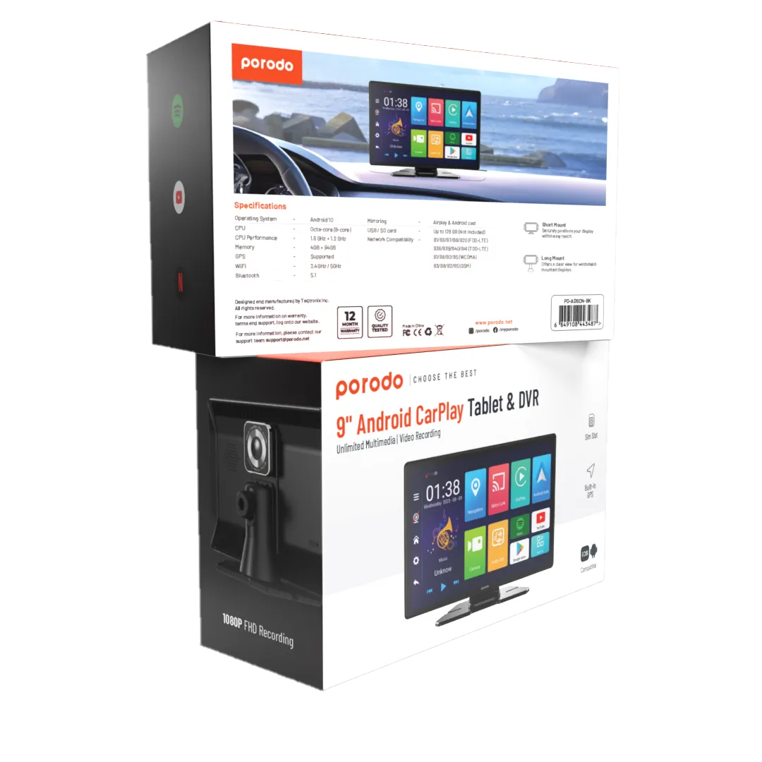 Porodo 9" Android Carplay Tablet & DVR Unlimited Multimedia & Video Recording