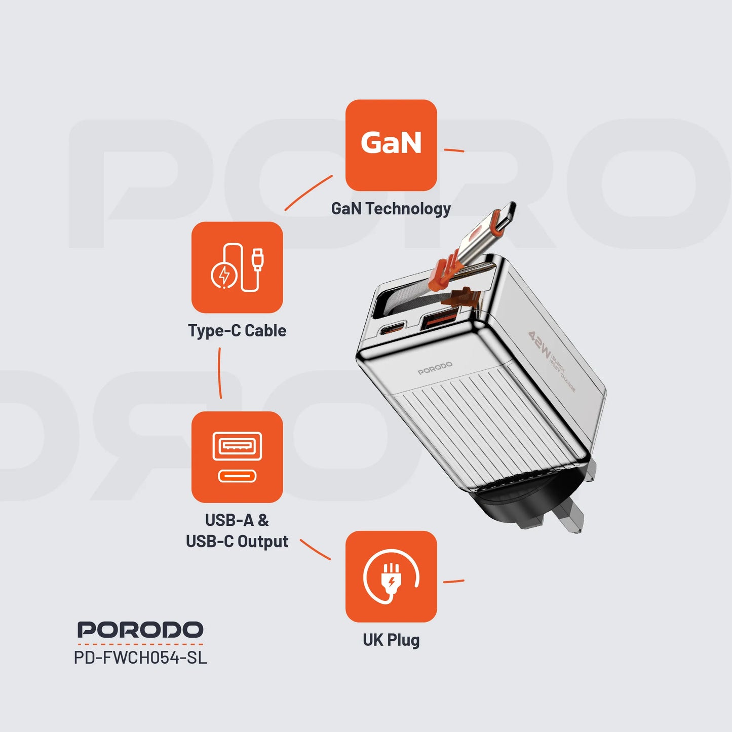 Porodo 75cm Retractable Type-C Super Quick GaN Charger