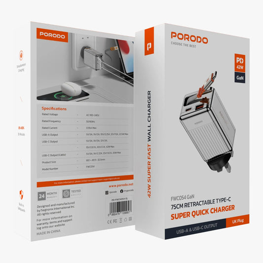 Porodo 75cm Retractable Type-C Super Quick GaN Charger