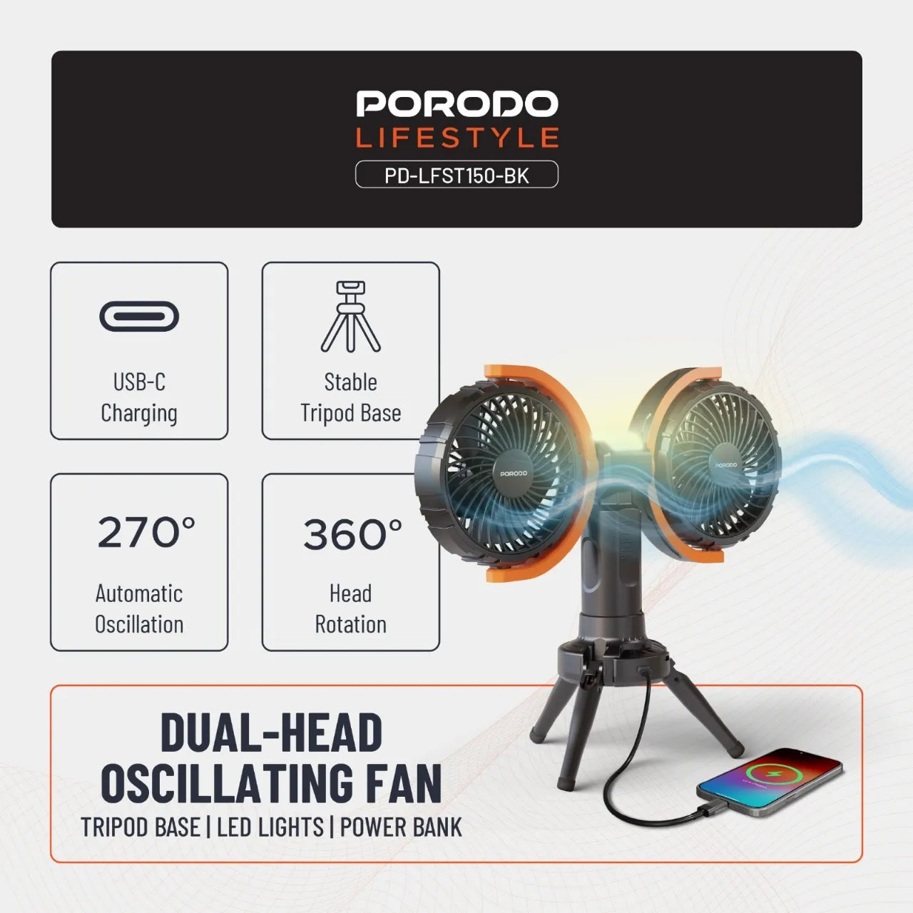 Porodo Lifestyle Dual-Head Oscillating Fan