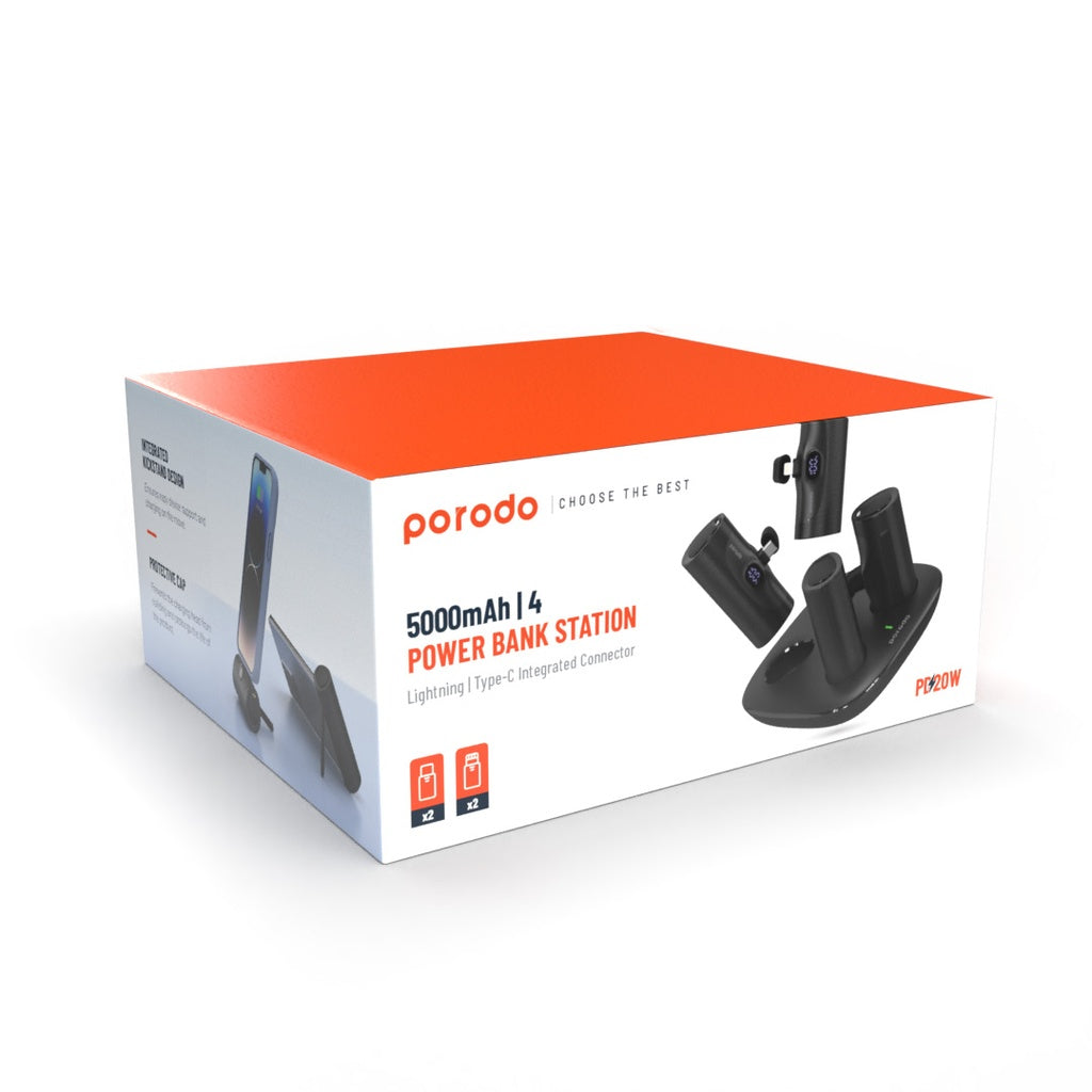 Porodo 5000mAh | 4 Power Bank Station with Lightning | Type-C integrated Connector