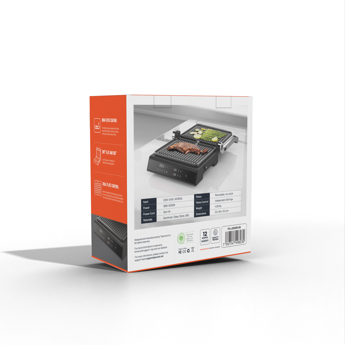 Porodo LifeStyle Glasstop Digital Grill with Removable Grill Plate Black