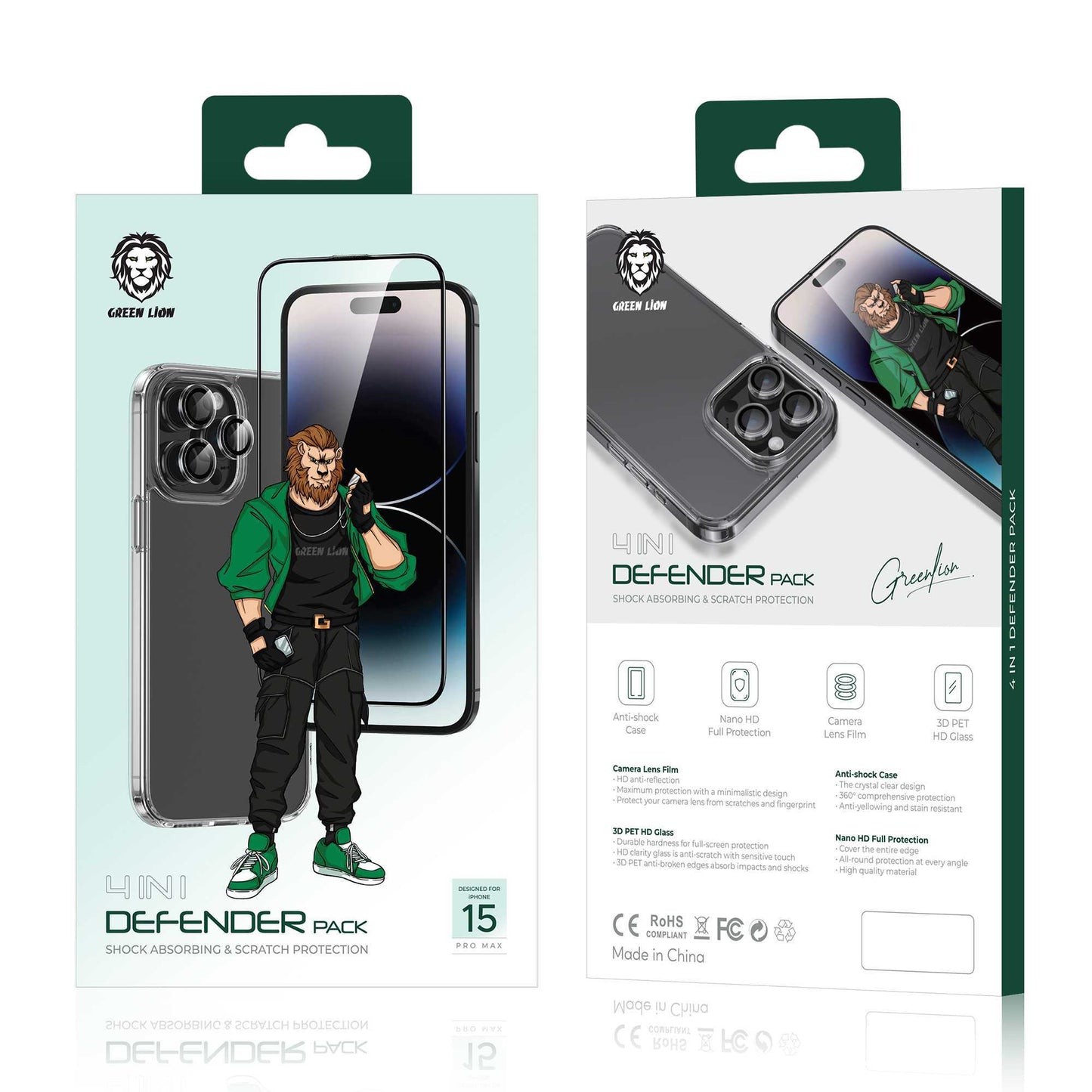 Green Lion 4 in 1 Defender Pack for iPhone 15 Pro Transparent