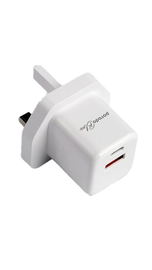 Porodo Blue Wall Charger 1PD TypeC and 1QC TypeA UK PD 20W White