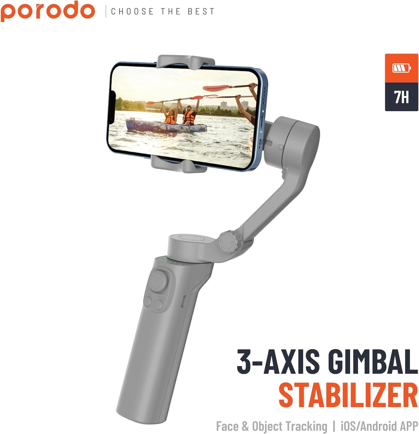 Porodo 3-Axis Gimbal Stabilizer With AI Face & Object Tracking, Rolling, Pitching & Pan Angles, Versatile Sooting Modes, 7 Hrs Continous Working Time, 2200mAh Built In Battery, Android/iOS App- Gray