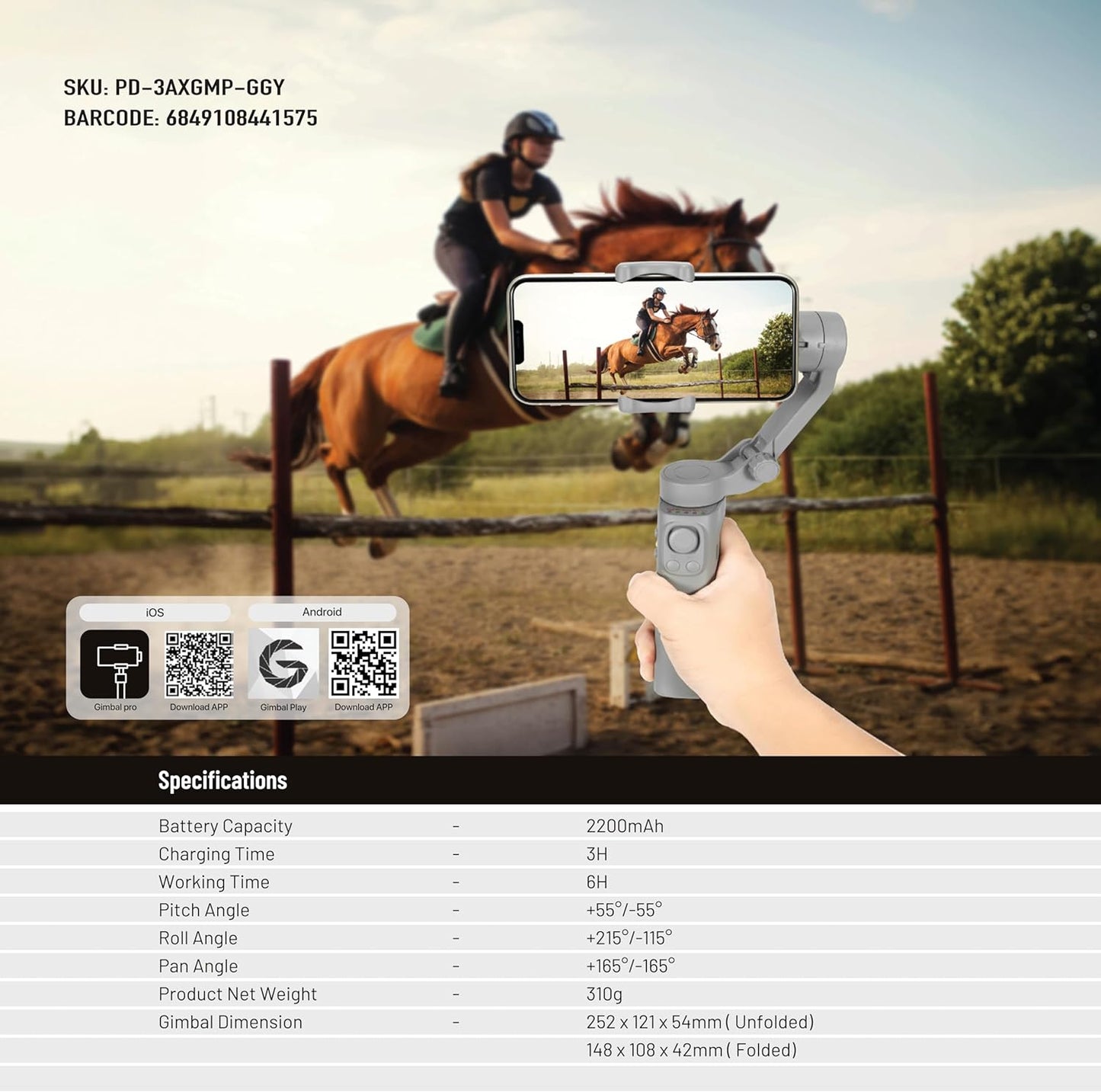 Porodo 3-Axis Gimbal Stabilizer With AI Face & Object Tracking, Rolling, Pitching & Pan Angles, Versatile Sooting Modes, 7 Hrs Continous Working Time, 2200mAh Built In Battery, Android/iOS App- Gray