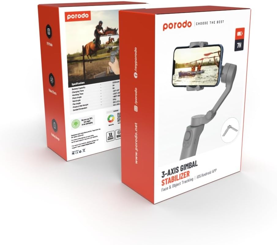Porodo 3-Axis Gimbal Stabilizer With AI Face & Object Tracking, Rolling, Pitching & Pan Angles, Versatile Sooting Modes, 7 Hrs Continous Working Time, 2200mAh Built In Battery, Android/iOS App- Gray