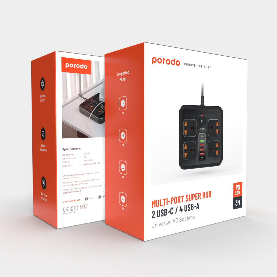 Porodo Multi-Port Super HUB 2 USB-C/ 4 USB-A Universal AC Sockets 3M