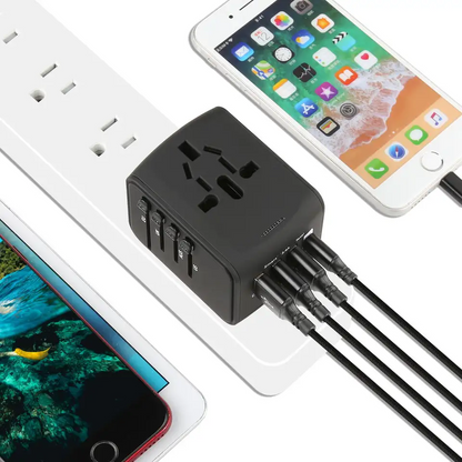 محول السفر، محول السفر العالمي - 3 USB + 1 نوع C في شاحن سفر واحد مع مقابس ومقبس UK/US/AUS/EU، شاحن حائط محول الطاقة الدولي (Type-c أسود) 