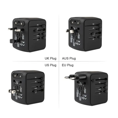 محول السفر، محول السفر العالمي - 3 USB + 1 نوع C في شاحن سفر واحد مع مقابس ومقبس UK/US/AUS/EU، شاحن حائط محول الطاقة الدولي (Type-c أسود) 