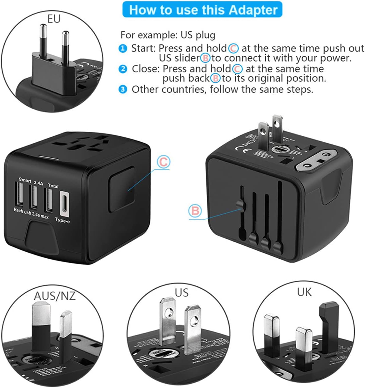 محول السفر، محول السفر العالمي - 3 USB + 1 نوع C في شاحن سفر واحد مع مقابس ومقبس UK/US/AUS/EU، شاحن حائط محول الطاقة الدولي (Type-c أسود) 