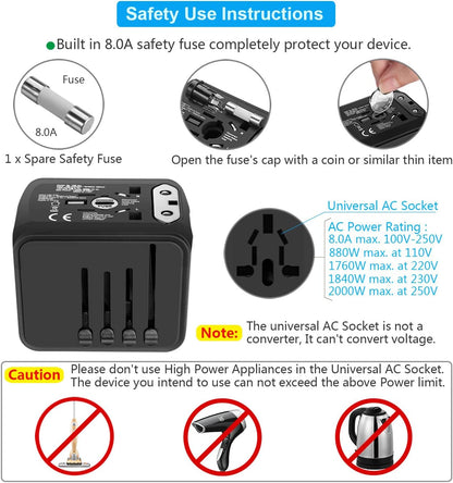 محول السفر، محول السفر العالمي - 3 USB + 1 نوع C في شاحن سفر واحد مع مقابس ومقبس UK/US/AUS/EU، شاحن حائط محول الطاقة الدولي (Type-c أسود) 