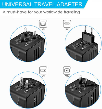 محول السفر، محول السفر العالمي - 3 USB + 1 نوع C في شاحن سفر واحد مع مقابس ومقبس UK/US/AUS/EU، شاحن حائط محول الطاقة الدولي (Type-c أسود) 