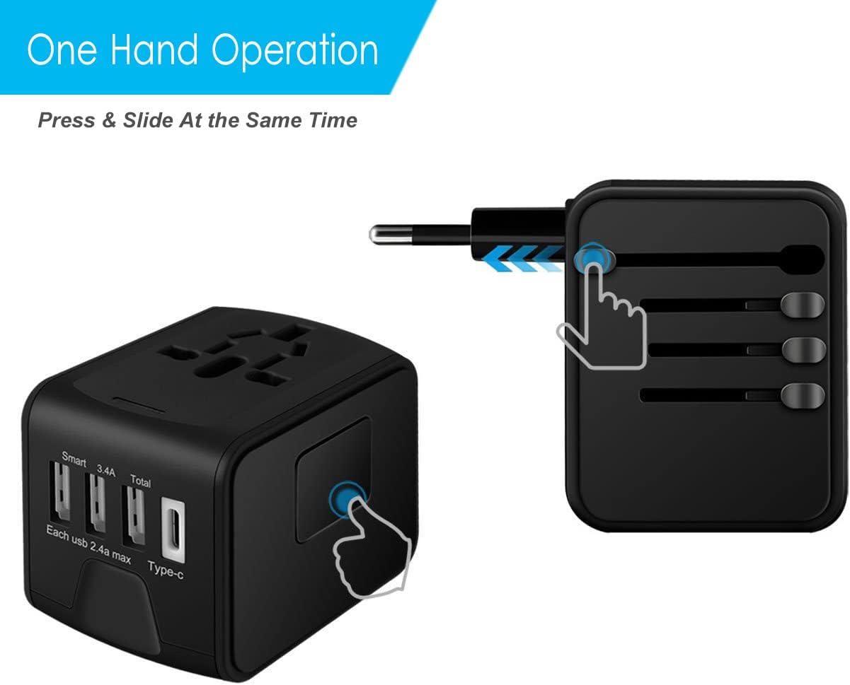 محول السفر، محول السفر العالمي - 3 USB + 1 نوع C في شاحن سفر واحد مع مقابس ومقبس UK/US/AUS/EU، شاحن حائط محول الطاقة الدولي (Type-c أسود) 