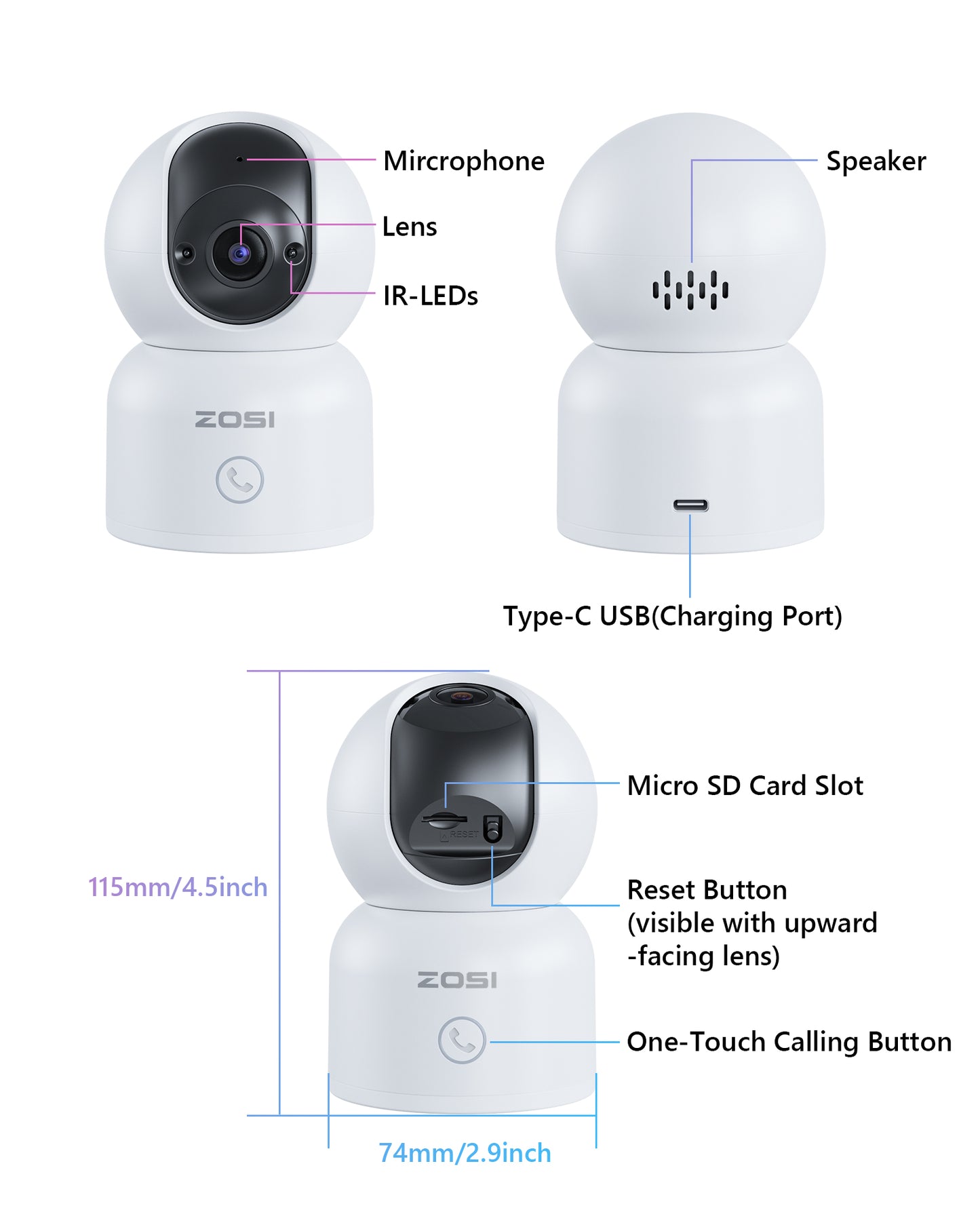 Zosi Indoor Pan & Tilt Security Camera 2K 360 Degree Baby And Pet Monitor