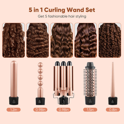 Curling Wand Set, 5-IN-1 Hair Curler Iron, Professional Curling Wand Set, Instant Heat Up Hair Curler with 5 Interchangeable Ceramic Barrels