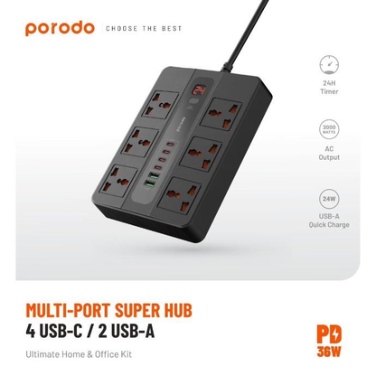 Porodo 6 AC 2 USB-A 24W ,4 USB-C PD 36W