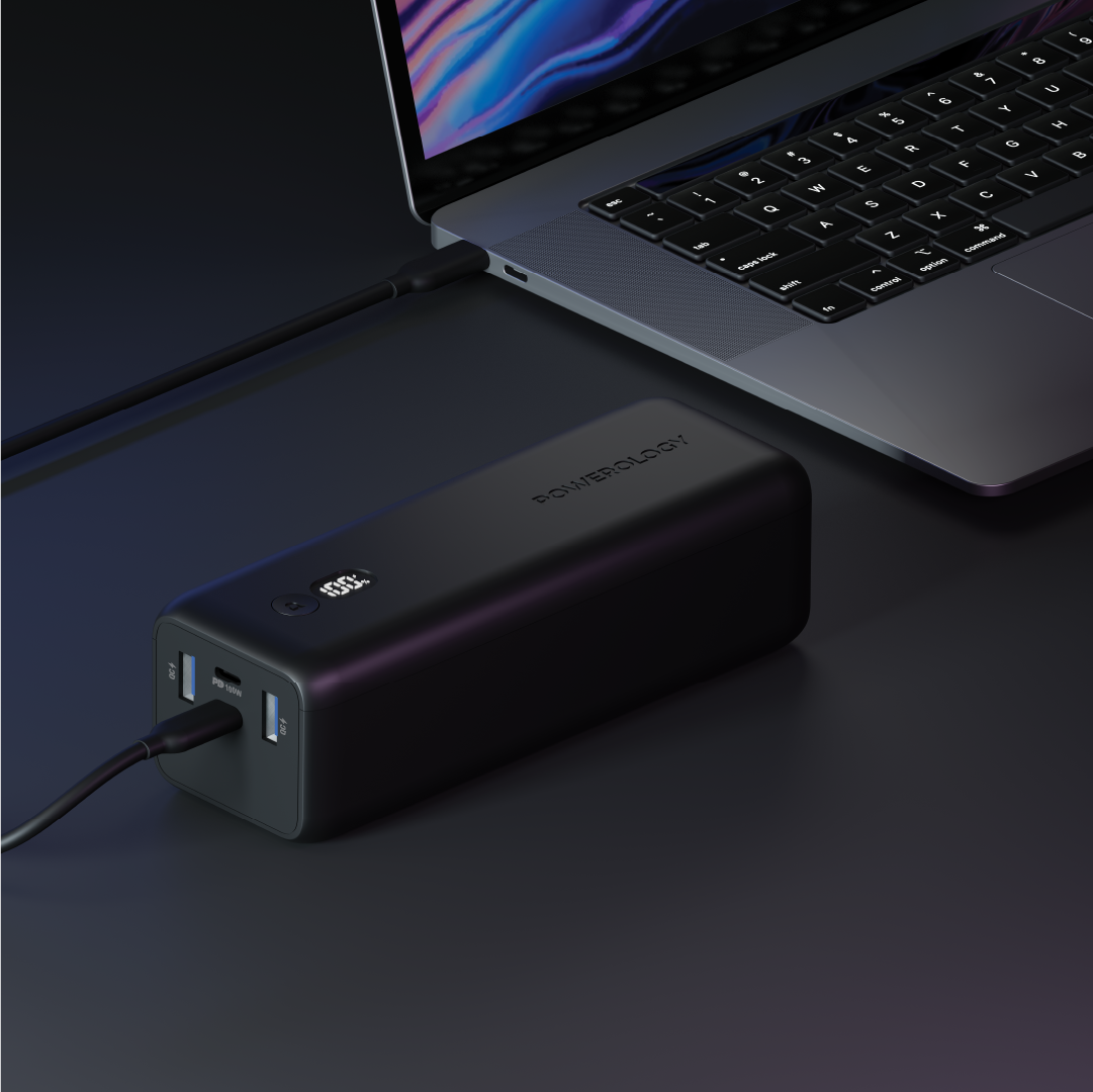 Powerology Onyx Dual USB-C باور بانك 30000 مللي أمبير PD 100 واط - أسود