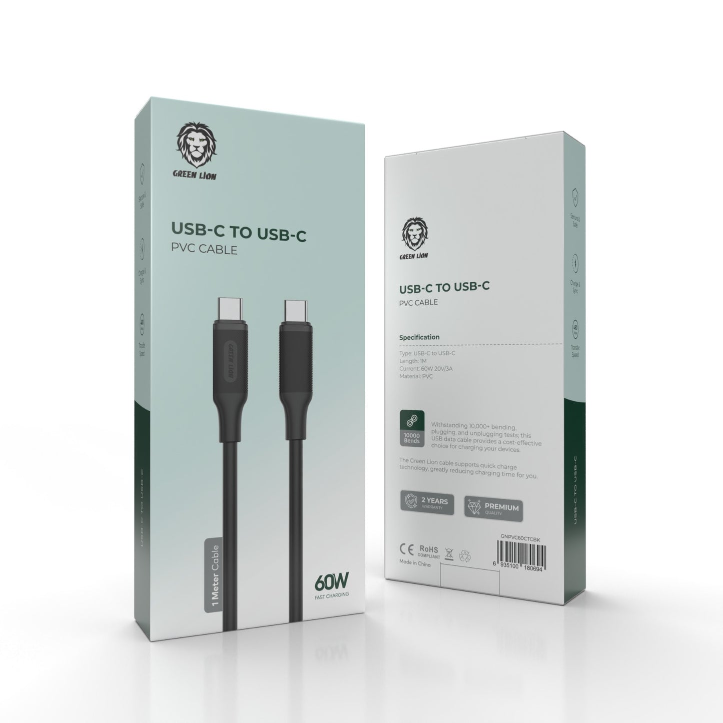 كابل Green Lion USB-C إلى USB-C PVC 1 متر 60 واط - أسود