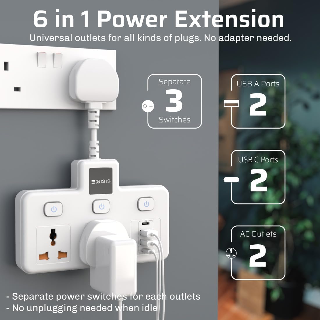 Extension Socket,2-Outlet Multi Plug with 4 USB Power Extension