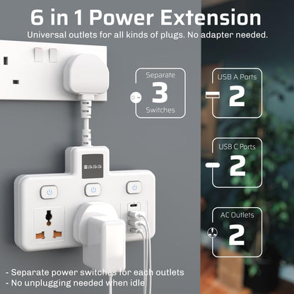 Extension Socket,2-Outlet Multi Plug with 4 USB Power Extension