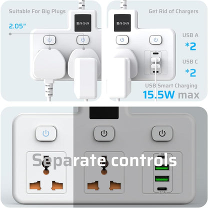 Extension Socket,2-Outlet Multi Plug with 4 USB Power Extension